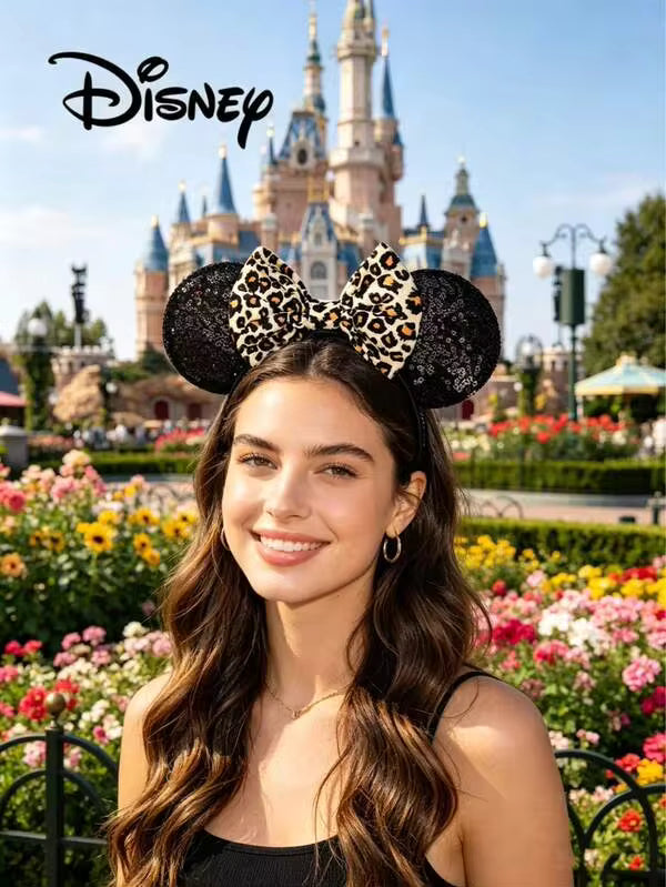 1pc Disney Black Sequin + Leopard Print Headband, Holiday Party Headpiece, Photo Prop, Amusement Park Accessory, Suitable For Birthday Party And Easter Events, Cute Cartoon Bow Hair Clip, Princess Costume Accessory Hairband Headband