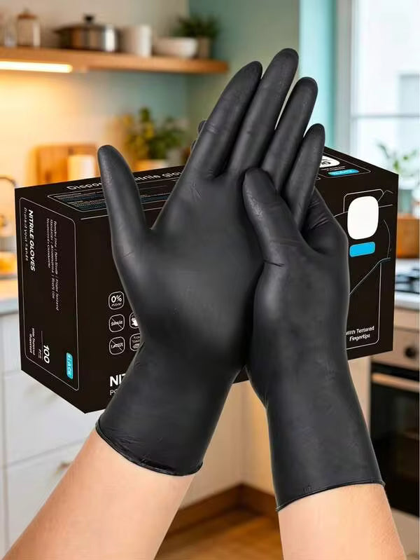 100pcs Black Nitrile Gloves, Latex-Free, Disposable, Durable Household Cleaning Gloves, Suitable For Hair Dyeing, Tattooing, Machinery Maintenance And Cleaning, Multi-Purpose Hand Protection, Essential For Kitchen (Bagged), Daily Use