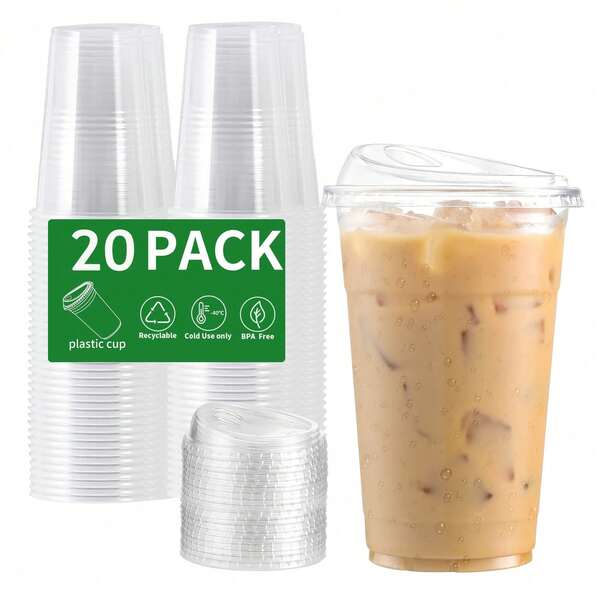 20pcs 16 Oz Clear Disposable Coffee Cups With Lids - Heavy-Duty Transparent Plastic Cups For Iced Coffee, Smoothies, Cold Drinks - Ideal For Home, Cafes, Parties, Weddings, Restaurants - Compatible With Lids, Coffee Bar Supplies