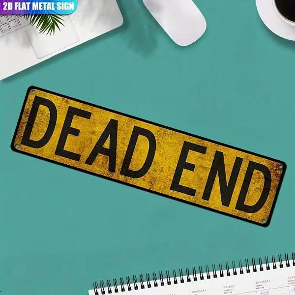 2D Flat - A Vintage Metal Wall Sign Measuring 4X16 Inches (10Cm X 40Cm) That Reads "DEAD END" In Black Lettering On A Yellow Background, Featuring Distressed Edges. This Rustic Decor Piece Is Suitable For Indoor And Outdoor Use, Perfect For Homes